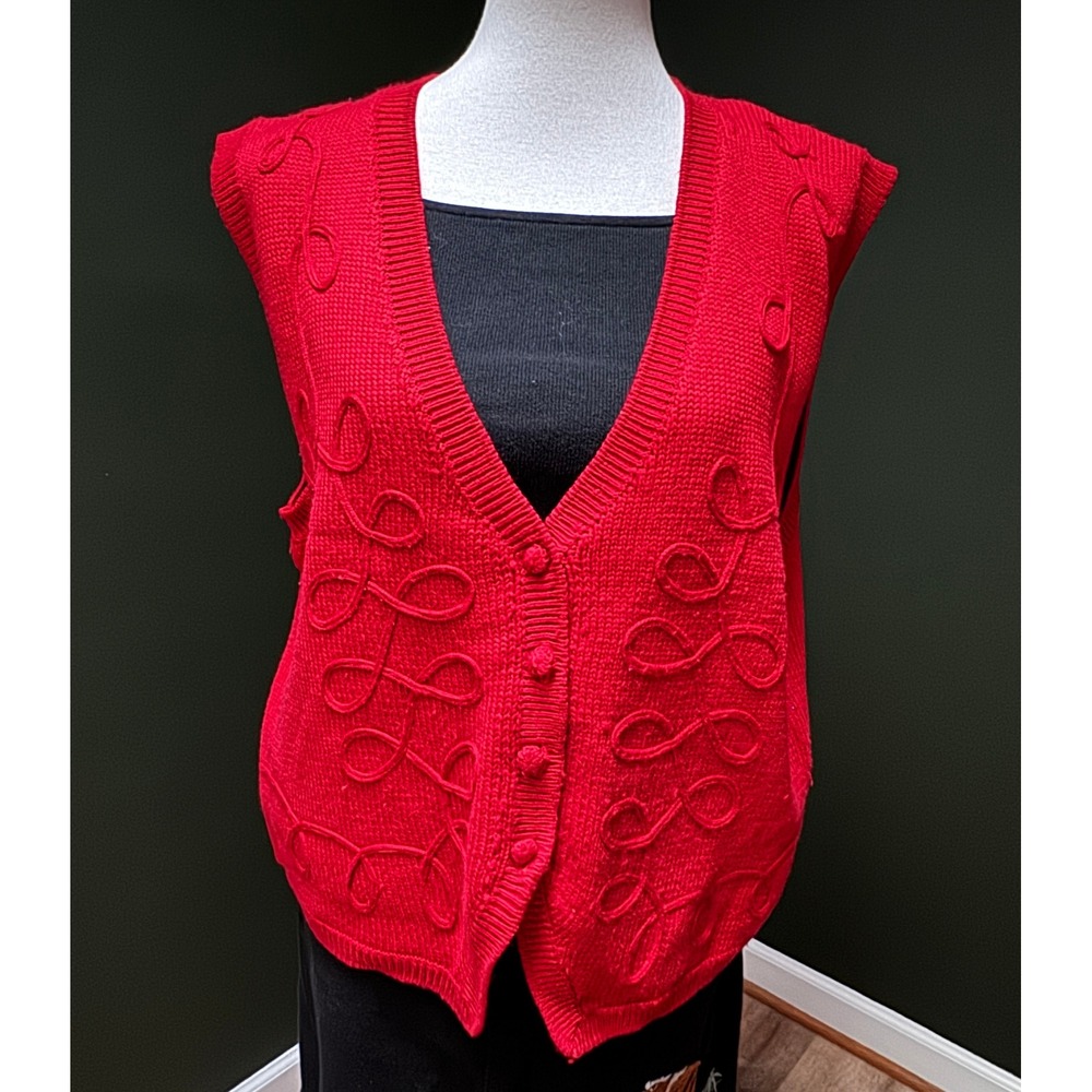 Vtg Alfred Dunner Red Textured Knit Button Front Vest Women's XL